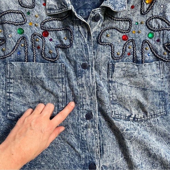 Vintage Cache acid wash blue denim embellished padded shoulders button up SZ S - Picture 6 of 11